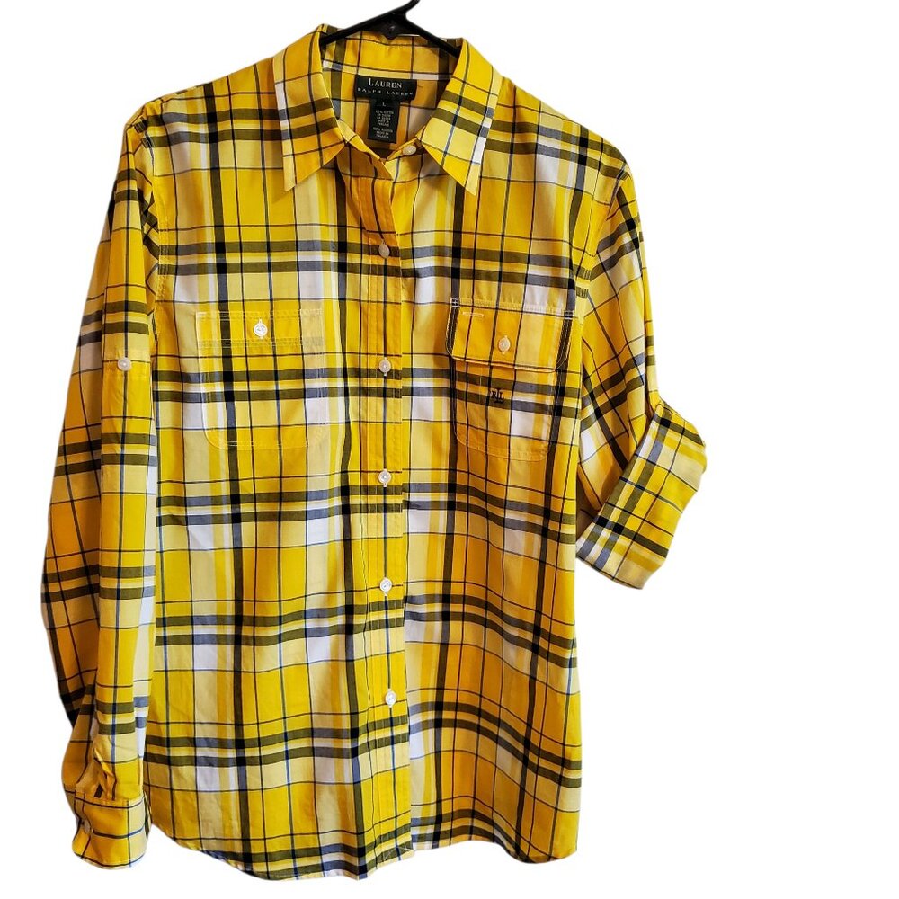 Lauren Ralph Lauren Yellow Blue Plaid Roll Tab Sleeve Button‎ Up Blouse Large